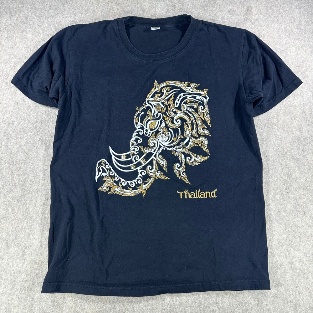 Thailand Mens Elephant Tribal Art Graphic Tourist Souvenir Tee Black Size XL